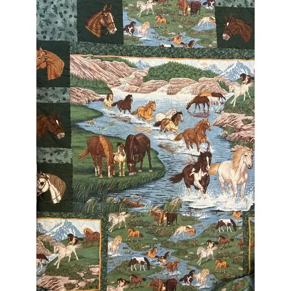 Handmade Horse patchwork Large Quilt stitched embroidered cottage blanket 55x79” - Picture 2 of 8